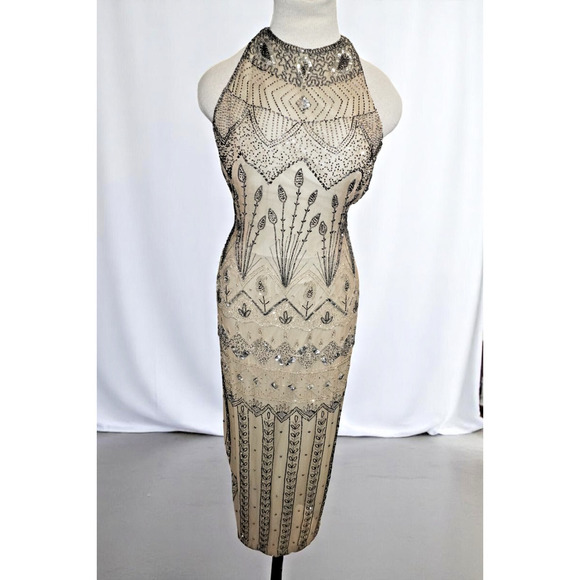 Adrianna Papell Evening Beaded Silk Dress – Size 12 – Nude Black Art Deco Formal - Picture 1 of 16